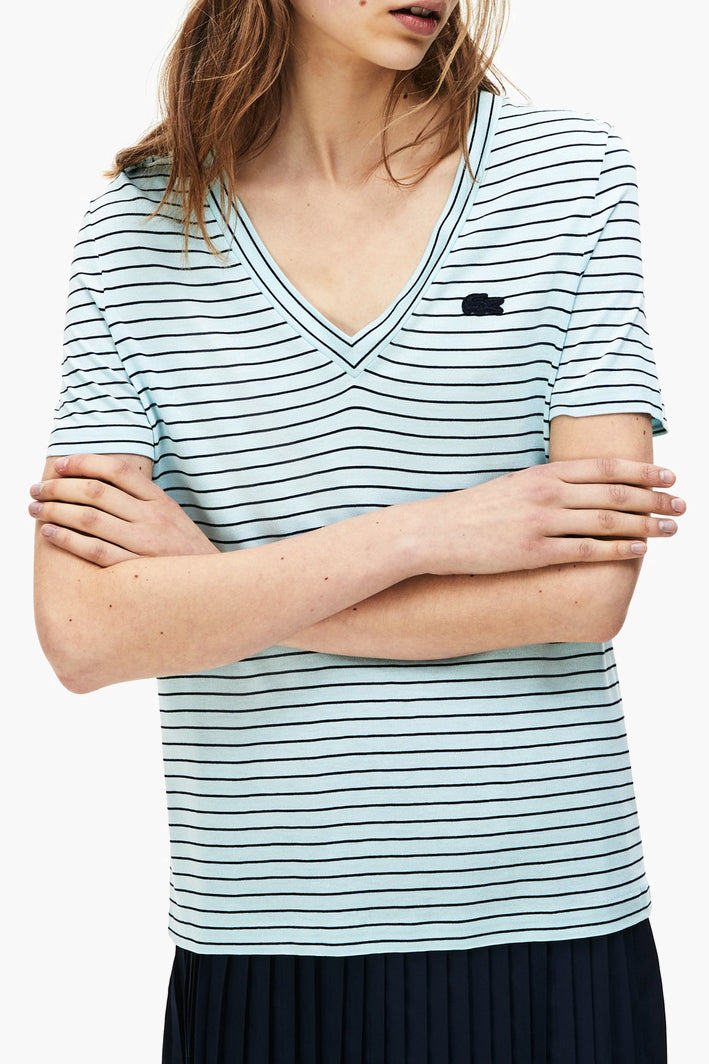 Lacoste - Women's V-Neck Striped Cotton T-Shirt