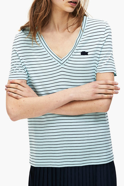 Lacoste - Women's V-Neck Striped Cotton T-Shirt